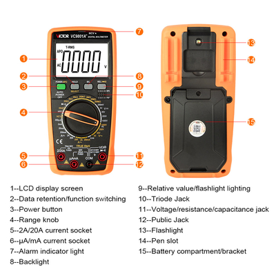 Victor VC9801A+ 9801 Multimetro tascabile Tester per transistor capacitivo di temperatura a vero RMS